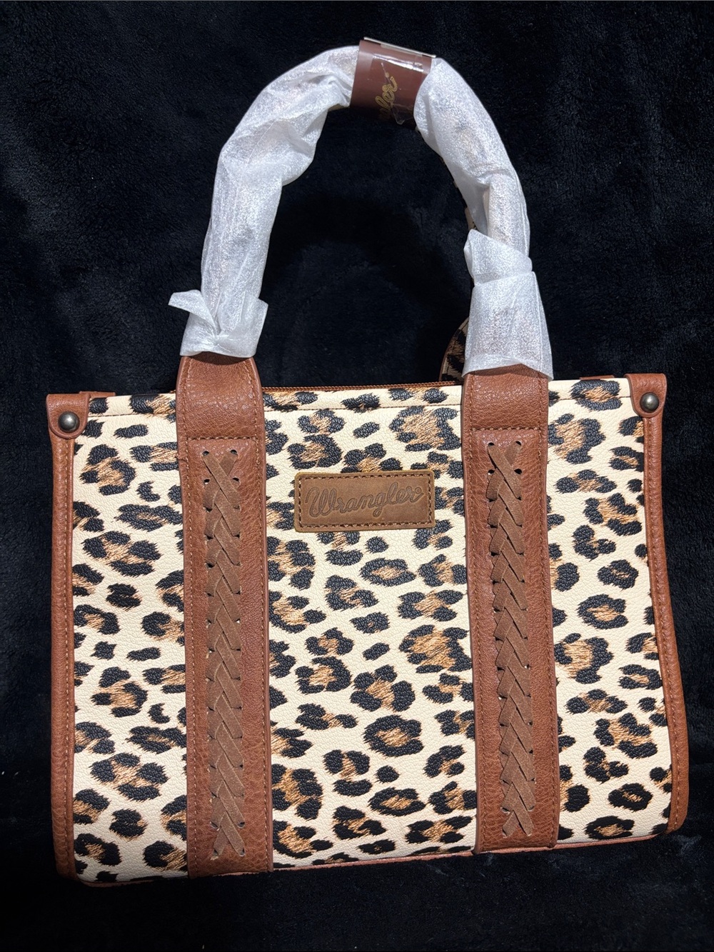 Wrangler Leopard Print Tote in Brown and Cream with Tan Trim